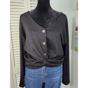 June & Hudson Top Black Small Cropped Twist Front Button V Neck